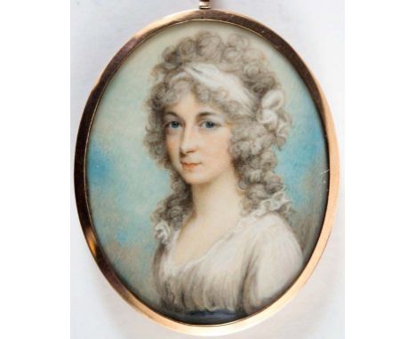 ATTRIBUTED TO PHILIPPE JEAN (1755-1802) Portrait of a lady, her long hair tied with a bandeau, wearing white dress with blue 