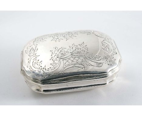A MID 18TH CENTURY CONTINENTAL ENGRAVED SNUFF BOX of shaped rectangular outline with a domed cover & base & waisted sides, gi