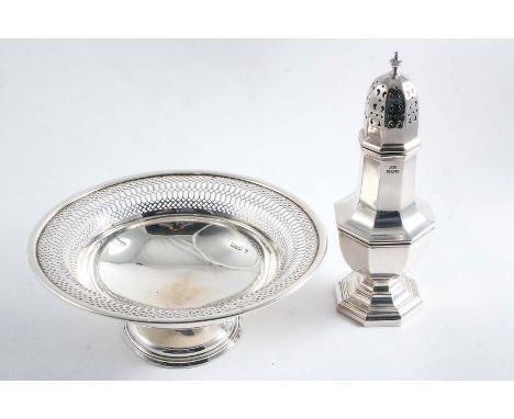 AN OCTAGONAL SUGAR CASTER with a high-domed cover & vase-shaped finial, by Walker & Hall, Sheffield 1940 and a pierced circul