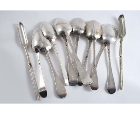 A PAIR AND FOUR OTHER GEORGE II / III SCOTTISH TABLE SPOONS Hanoverian pattern, a Fiddle table spoon by James Wright of Perth