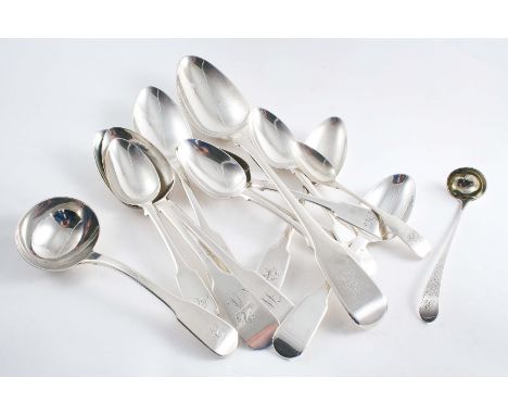 ASSORTED ANTIQUE FIDDLE PATTERN INCLUDING:- A basting spoon, three table spoons, six dessert spoons, two tea spoons, a sauce 