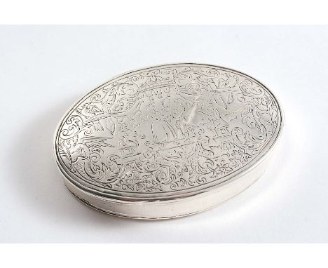A GEORGE II OVAL SNUFF BOX with a stand-away hinge, the cover engraved with a theatrical scene, probably from an Italian come