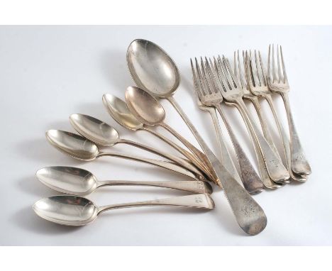 OLD ENGLISH PATTERN:- A set of six George III table forks, crested & initialled, by William Eley & William Fearn, London 1802