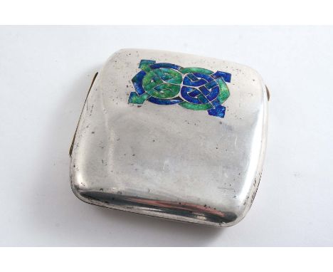 AN EDWARDIAN ART NOUVEAU CIGARETTE CASE of rounded rectangular form, enamelled on the cover in blue & green with a stylised d