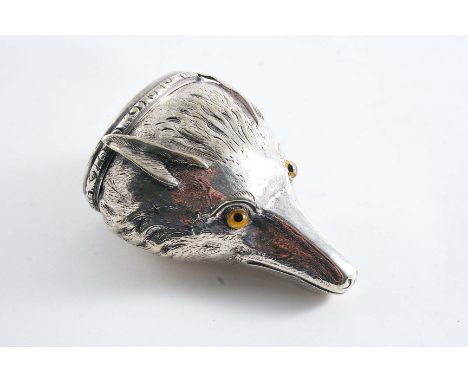 A VICTORIAN NOVELTY PLATED SNUFF BOX  Modelled as a fox mask with coloured glass eyes and an engine-turned cover, maker's mar