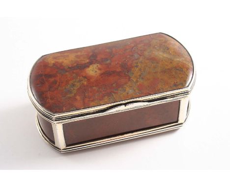 A GEORGE III / IV SILVERGILT MOUNTED AGATE SNUFF BOX with rounded ends and reeded borders, by John Reily, London 1820;  3.3" 