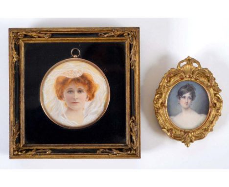 ENGLISH SCHOOL EARLY 19TH CENTURY Portrait of a lady with plaited hair and gold hoop earrings, head & shoulders, on ivory;  5