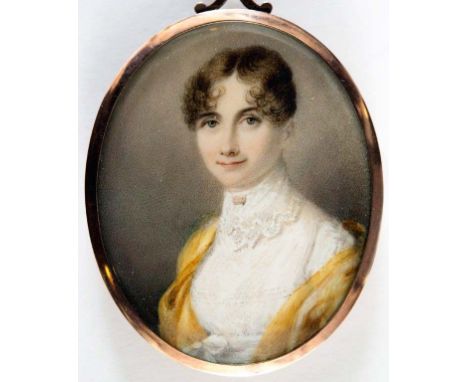 ATTRIBUTED TO JOHN COX DILLMAN ENGLEHEART (1782/4-1862) Portrait of a lady, her white dress with high lace collar and yellow 