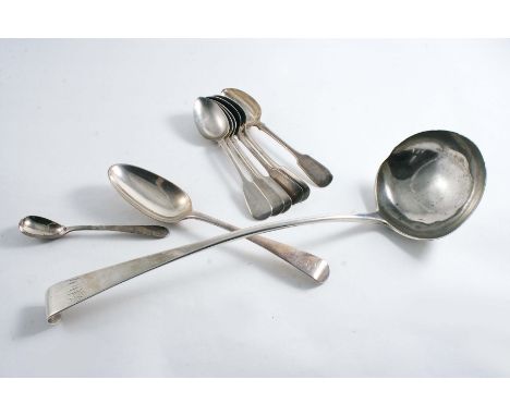 A GEORGE II IRISH SOUP LADLE with a "hook" end, initialled, by Alex. Richards, Dublin 1750-60, a set of six Irish Fiddle tea 