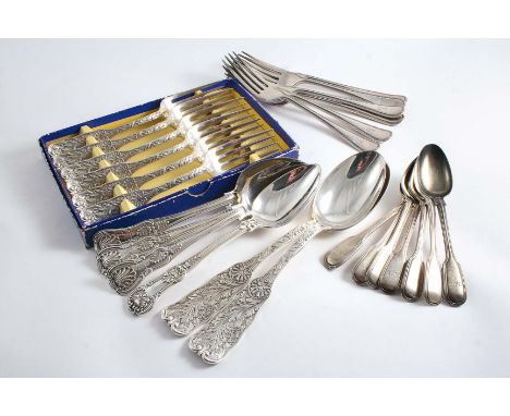 A MIXED LOT:- A pair of American table spoons and six matching dessert forks by Gorham & Co., c. 1900, four Victorian King's 