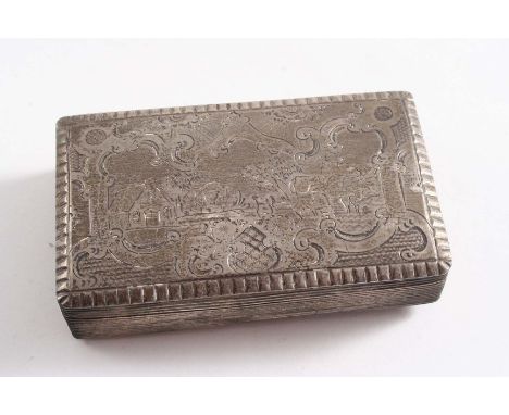 A MID 19TH CENTURY DUTCH OBLONG SNUFF BOX with reeded sides & base, the cover engraved with a pastoral scene within a decorat