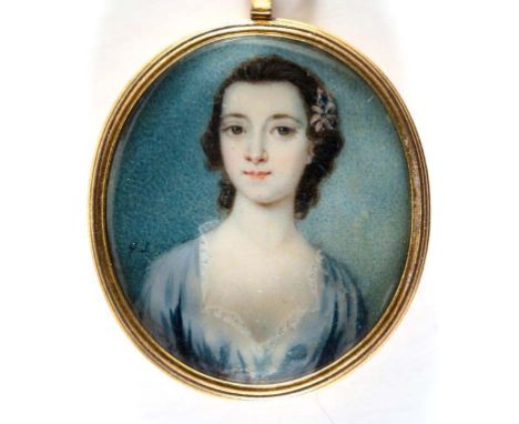 ATTRIBUTED TO GERVASE SPENCER (1715-1763) Portrait of a young lady wearing a simple blue silk dress, on ivory, bears initials