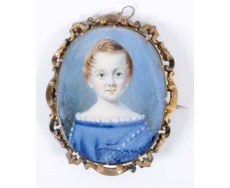 ENGLISH SCHOOL MID 19TH CENTURY: Portrait of a child with fair hair wearing blue tunic, half length, on ivory; 6.25 x 5 cms i