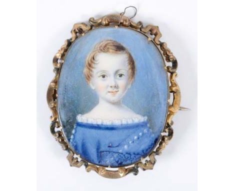 ENGLISH SCHOOL MID 19TH CENTURY: Portrait of a child with fair hair wearing blue tunic, half length, on ivory; 6.25 x 5 cms i