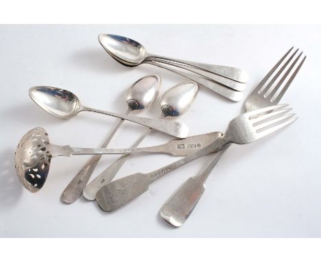 ABERDEEN-MADE FLATWARE:- A set of six tea spoons, initialled "RMcC", by Nathaniel Gillet, a pair of dessert forks, crested, b