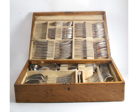 A VICTORIAN SCOTTISH CANTEEN OF FLATWARE with bright-cut decoration on the front of the stems, in a fitted oak box including: