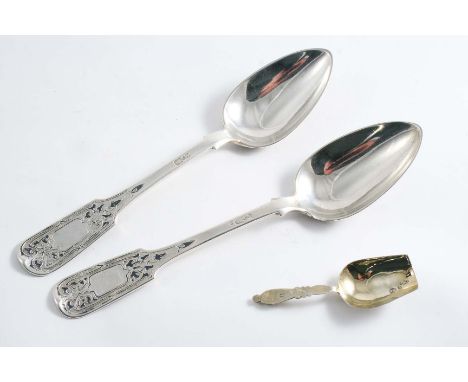 A PAIR OF MID 19TH CENTURY RUSSIAN NIELLO-WORK TABLE SPOONS Fiddle pattern, Moscow 1854 and a Russian silvergilt caddy spoon,