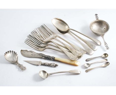 A MIXED LOT:- A tea strainer, a set of six Old English pattern dessert forks & three dessert spoons, initialled, by James Dix