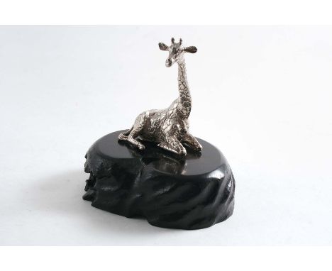 A CONTEMPORARY SOUTH AFRICAN MINIATURE SCULPTED FIGURE OF A SEATED GIRAFFE on a carved ebony base, by Patrick Mavros of Zimba