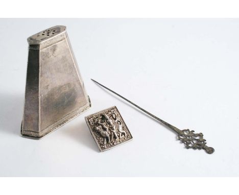 A MIXED LOT:- An early 19th century Italian hair pin, an Indian brooch and a curious tapering item with panelled sides & wrig
