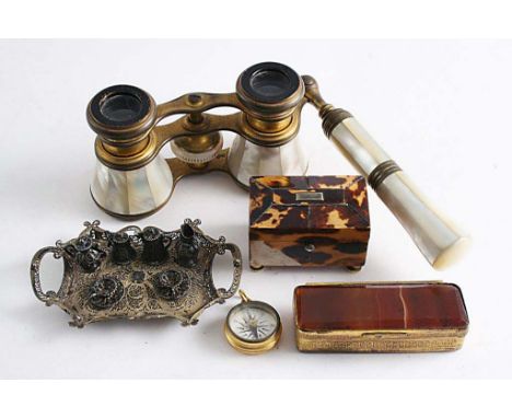 A PAIR OF VICTORIAN MOTHER OF PEARL & BRASS OPERA GLASSES together with  an agate & gilt metal box, a small compass, a tortoi