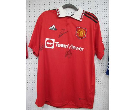Manchester United Adidas Red Home Shirt, bearing Team Viewer logo and three signatures, size XL.