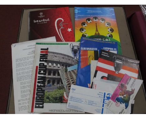 Liverpool European Cup Final Programmes, 1977, 78, 81, 84, 2005 and 1977 ticket, part piece to right absent, etc.