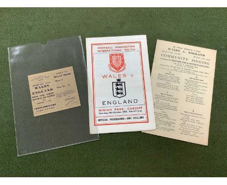 1953 Wales v. England Ticket and Programme, for game at Ninian Park, Cardiff, dated 10th October, plus songsheet. (2)