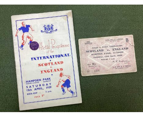 1939 Scotland v. England Ticket and Programme, (rusty staple marks) for the game at Hampden Park dated April 15th 1939. (2)