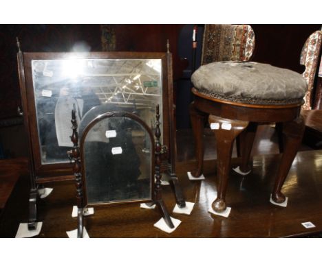 A Georgian mahogany basin stand fitted with a drawer to the centre tier, 38cm; together with a stool, mirror, and another mir