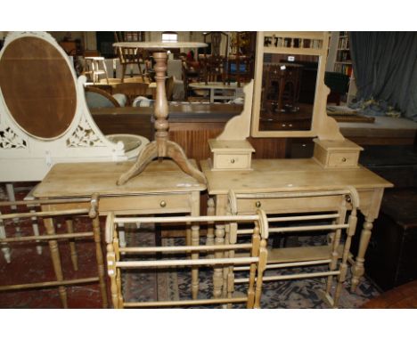 An old pine dressing table, a pine side table, three towel horses and a tripod table. 