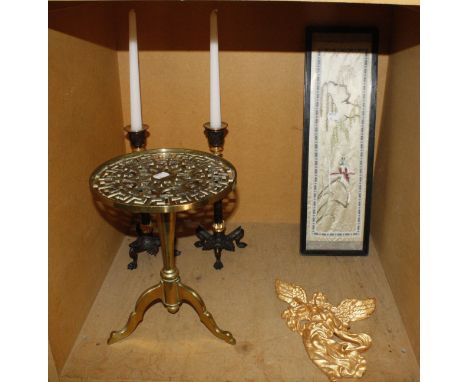 A Chinese silk embroidered panel, a pair of modern candlesticks, a gilt painted wall hanging angel etc  