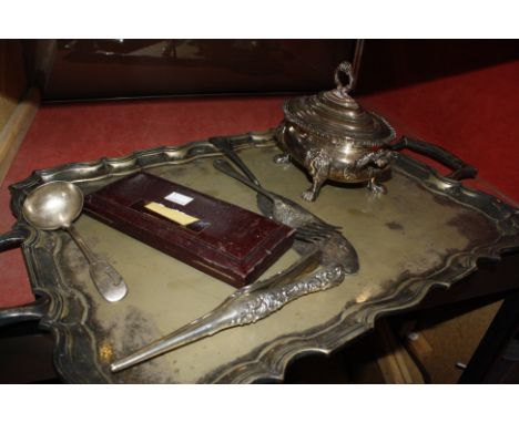 A silver plated tureen and cover, a tray, a pair of fish servers, a ladle, glove stretchers and other items  