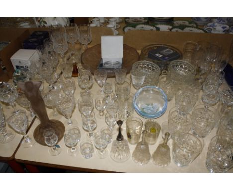 A quantity of glassware, to include a blue glass rolling pin, assorted cut glass and etched drinking glasses, a moulded glass