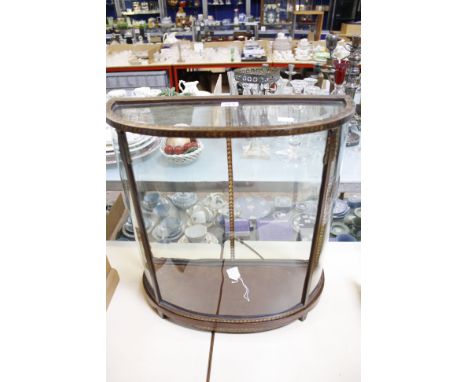 A 18th Century table display cabinet, bow fronted, 49cm wide, a peacock feather duster and a painted glass tile (af) Property