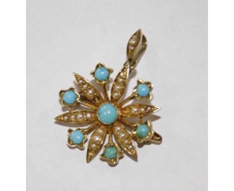 A 15ct gold turquoise stone and seed pearl flower shaped pendant 