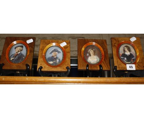 Four mid 20th Century miniature portrait paintings on ivory, in walnut veneered frames (4)  