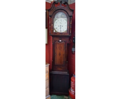 An oak and mahogany longcase clock, 32cm arched painted dial, the case with a swan neck pediment, shaped rectangular door to 