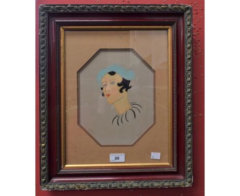 LeonArt Deco Fashion Portrait, lady wearing hatsigned, watercolour, 24cm x 19cm