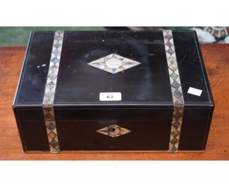 A Victorian ebonised writing slope, mother of pearl inlaid banding, diamond-shaped central panel with conforming escutcheon, 