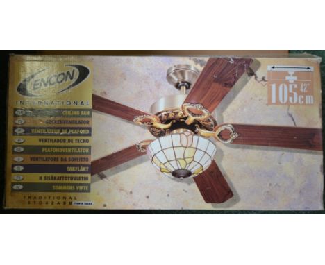 An Encon ceiling fan and light fitting, unused, boxed