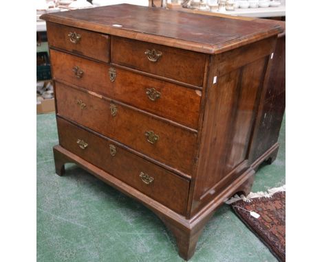 A William and Mary walnut rectangular chest, crossbanded quarter veneered top with moulded edge above two short and three lon