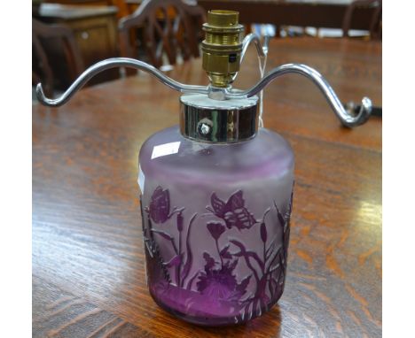 A cameo glass table lamp, amethyst, waterside scene, waterfowl and butterflies, chrome plated shade support Condition Report: