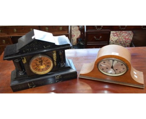 A late 19th century French slate architectural mantel clock, brass dial, Roman numerals; an oak mantel clock, c.1930, keys an
