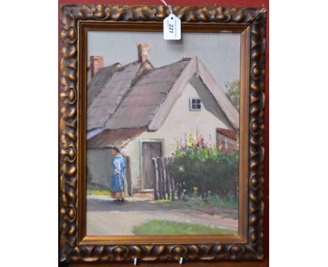 In the Manner of Ernest CoxAt the Cottage Gate Waitingsigned E. Cox, oil on board, 39cm x 30cm
