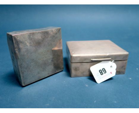 A Hallmarked Silver Cigarette Box, (marks rubbed) of rectangular form, engine turned, 10.8cm wide; Together with Another Exam