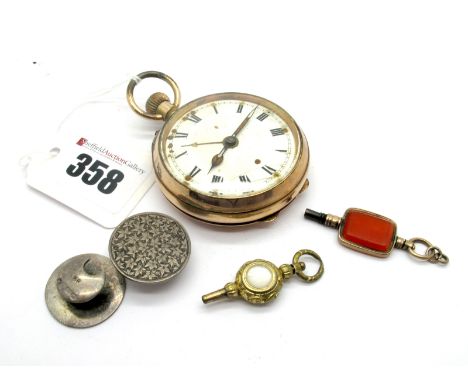 A Gold Plated Cased Openface Alarm Pocketwatch, (damages); together with two hardstone inset pocketwatch keys and a pair of h