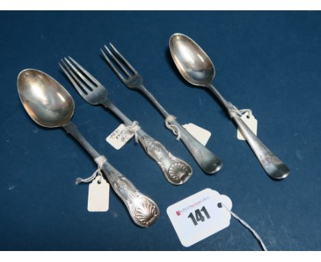 A Matched Scottish Hallmarked Silver Kings Pattern Fork and Spoon, AM&Co, Edinburgh 1834, AW, Edinburgh 1830, initialled; Tog