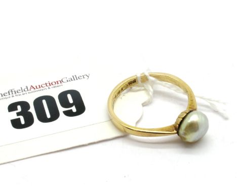 A Single Pearl Set Ring, (8mm) set between plain tapering shoulders, indistinctly stamped.