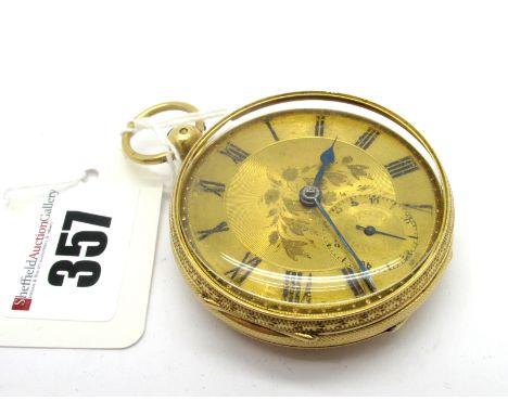 A Decorative 18ct Gold Cased Openface Pocketwatch, the foliate engraved dial with black Roman numerals and seconds subsidiary